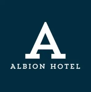 Albion Hotel logo featuring a large white capital letter "A" above the words "ALBION HOTEL" on a dark blue background.