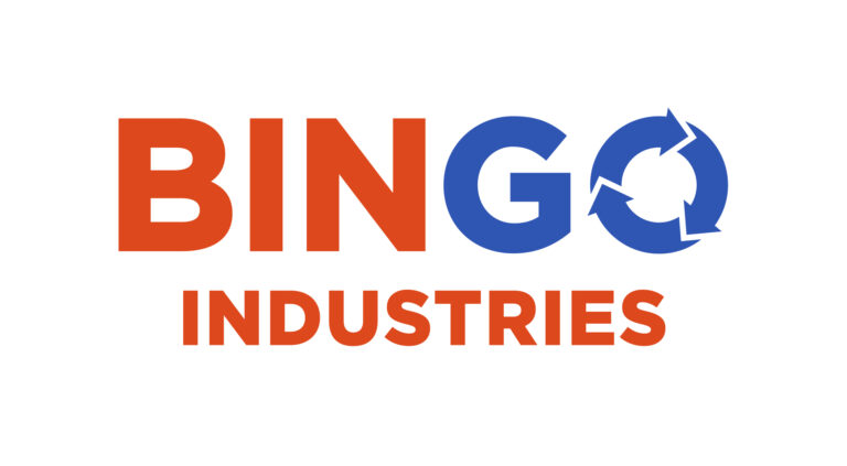 Bingo Industries logo featuring the word "BINGO" in orange and blue, with circular recycling arrows forming the letter "O", above the word "INDUSTRIES" in orange on a white background.