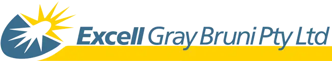 Excell Gray Bruni Pty Ltd logo featuring a blue shield-shaped emblem with a white starburst and yellow sun rays, accompanied by the company name in bold blue and grey italic serif lettering on a white background with a yellow horizontal bar beneath.