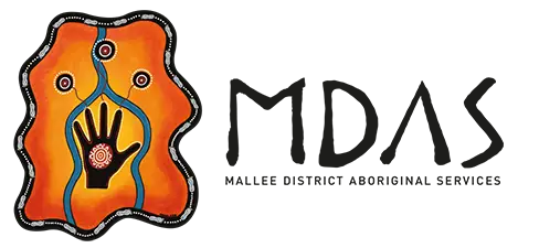 MDAS Mallee District Aboriginal Services logo featuring a hand-painted style Aboriginal artwork in warm oranges and reds with a central hand motif, flowing blue pathways, and circular dot patterns, alongside the acronym "MDAS" in bold hand-lettered black typography and the full name "Mallee District Aboriginal Services" in smaller grey lettering on a white background.